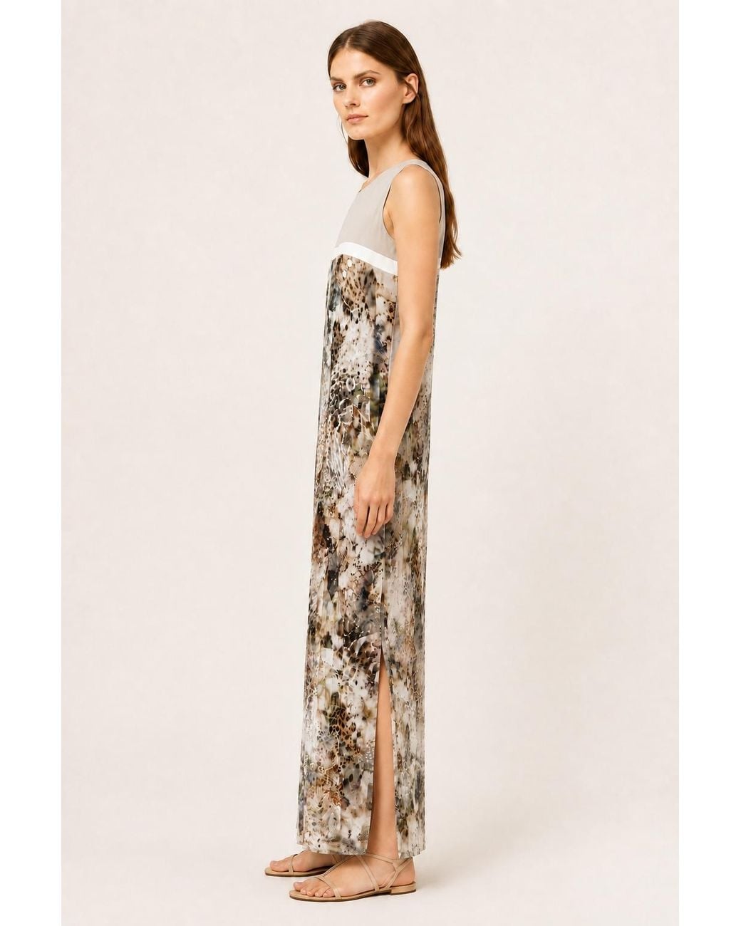 Conquista Natural Pleated Print Maxi Dress