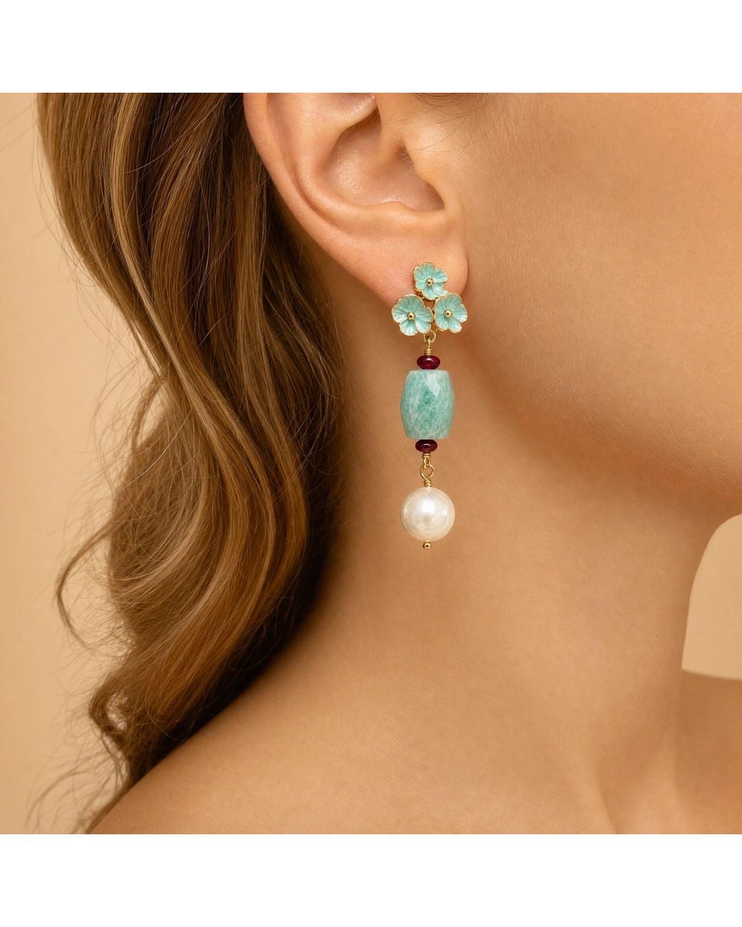 Angel Barocco Green Amazonite Flower Pearl Drop Earrings
