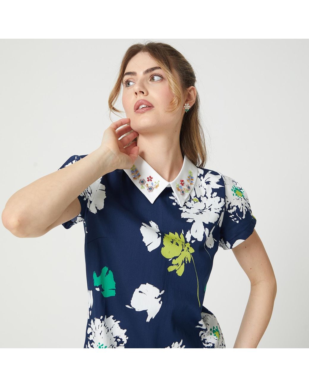 Lalipop Design Blue A-Line Mini Dress With Bead Embroidered Collar