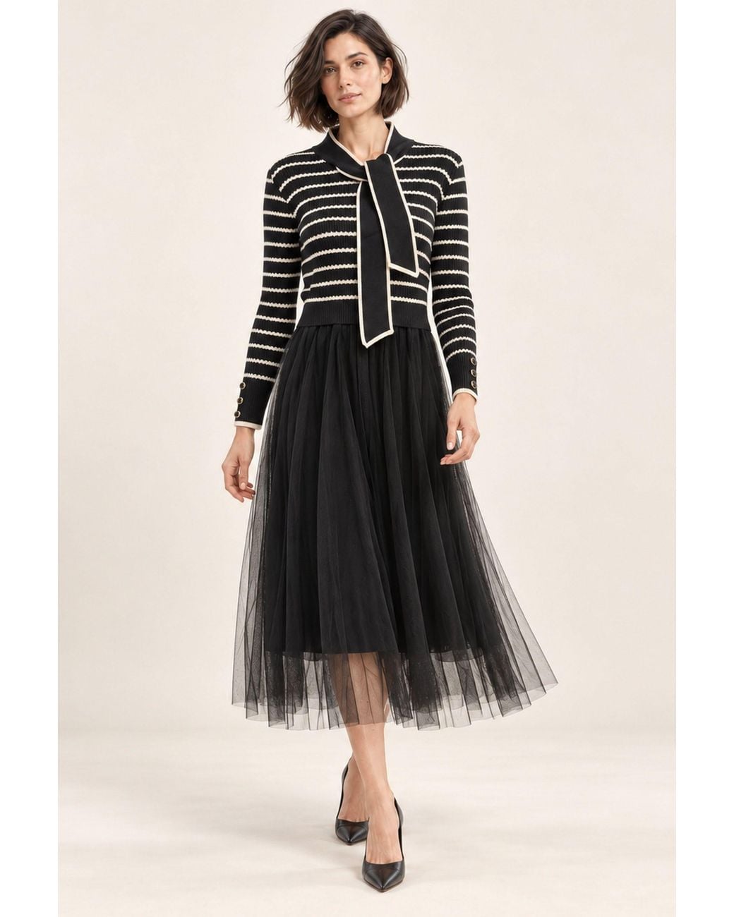 James Lakeland Black Striped Knit & Tulle Midi Dress