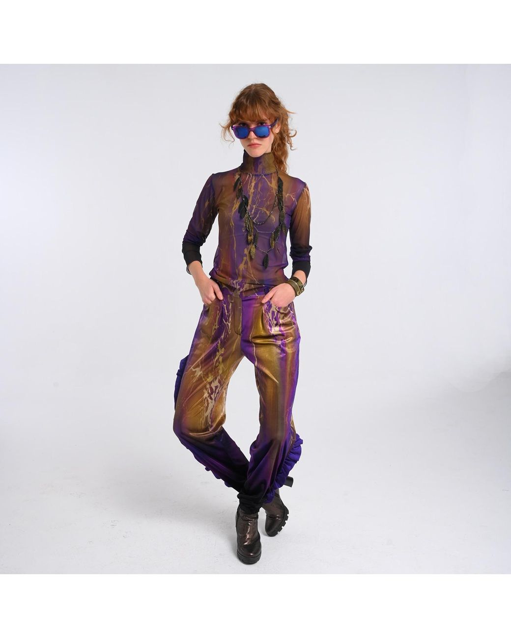 Lalipop Design Purple Abstract Print Velvet High-Waist Pants