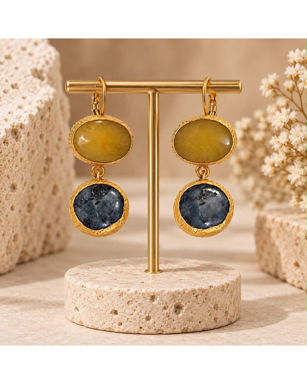 By Ozge Blue Golden Earth & Midnight Sky Natural Stone Brass-Plated Drop Earrings