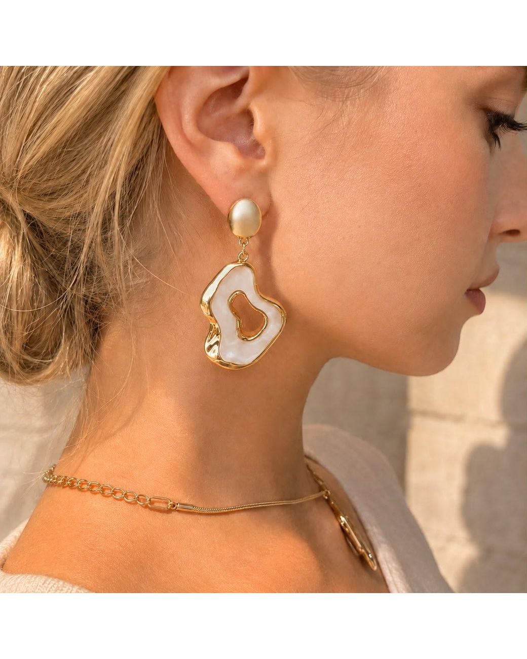 By Ozge Metallic Lunar Veil Mother Of Pearl Inspired Plated Drop Earrings