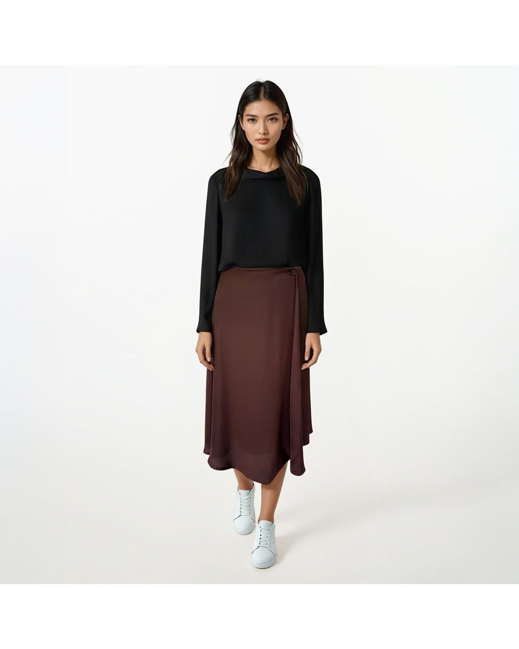 Haris Cotton Brown Satin Viscose Wrap Skirt With Front Button Chocolate