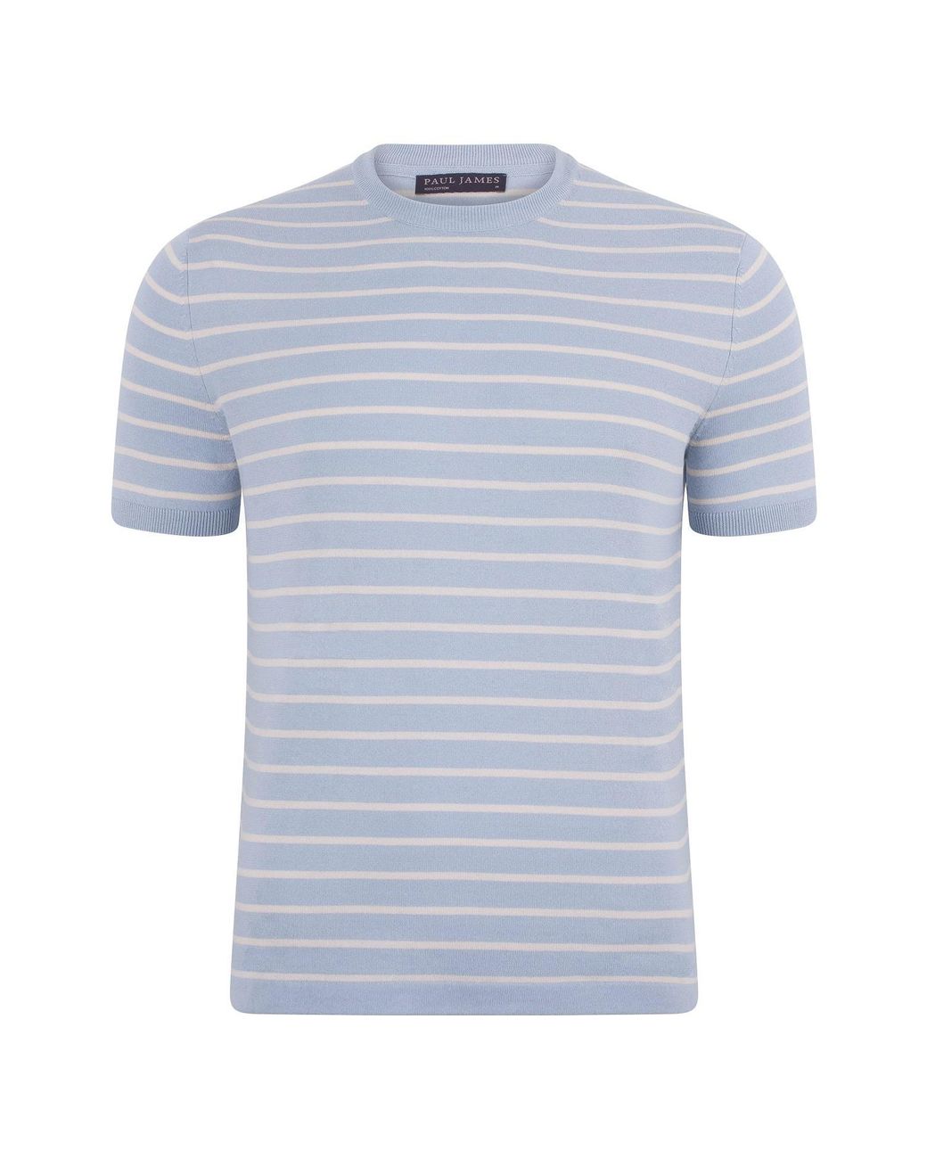 Paul James Knitwear Blue Mens Ultra-fine Cotton Javier Knitted Pin Stripe T-shirt for men