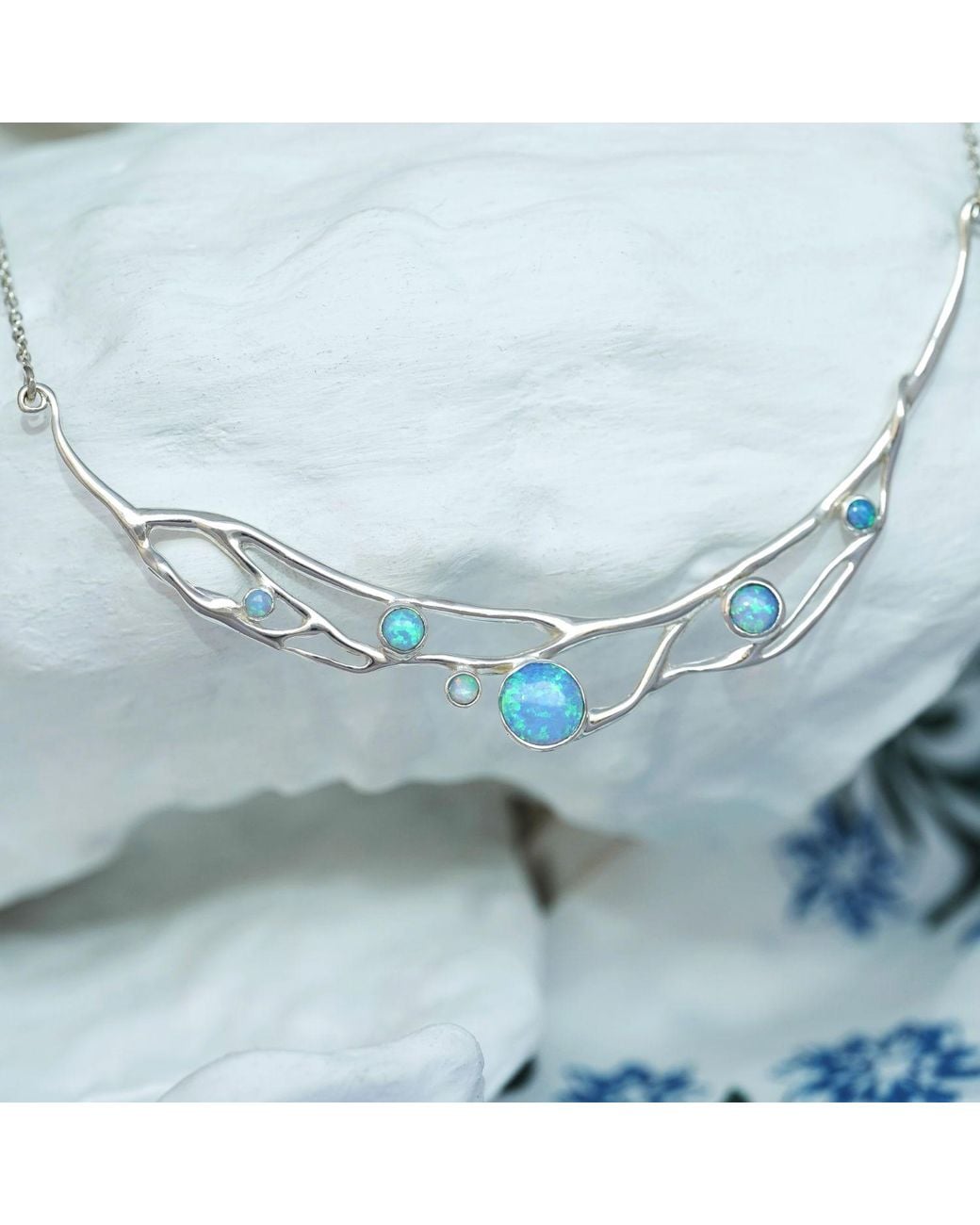 Isla Silver Metallic Handmade Organic & Fire Opal Statement Necklace