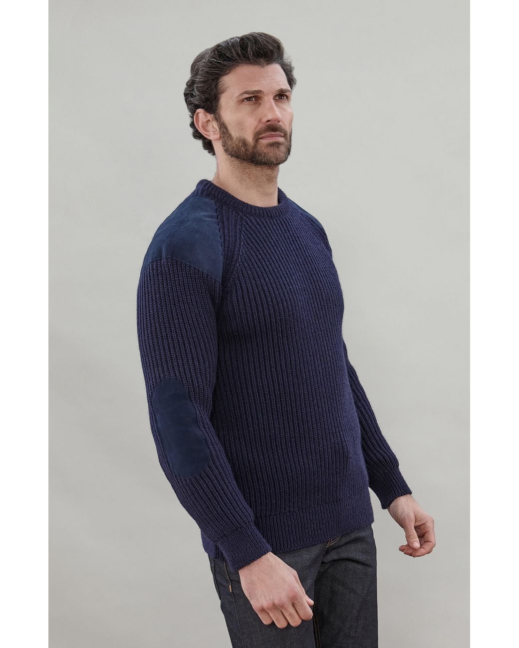 Paul James Knitwear Blue Chunky British Wool Hardy Ribbed Shooting Jumper for men
