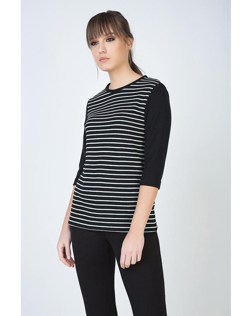 Conquista Black Striped Top With Three-Quarter Sleeves