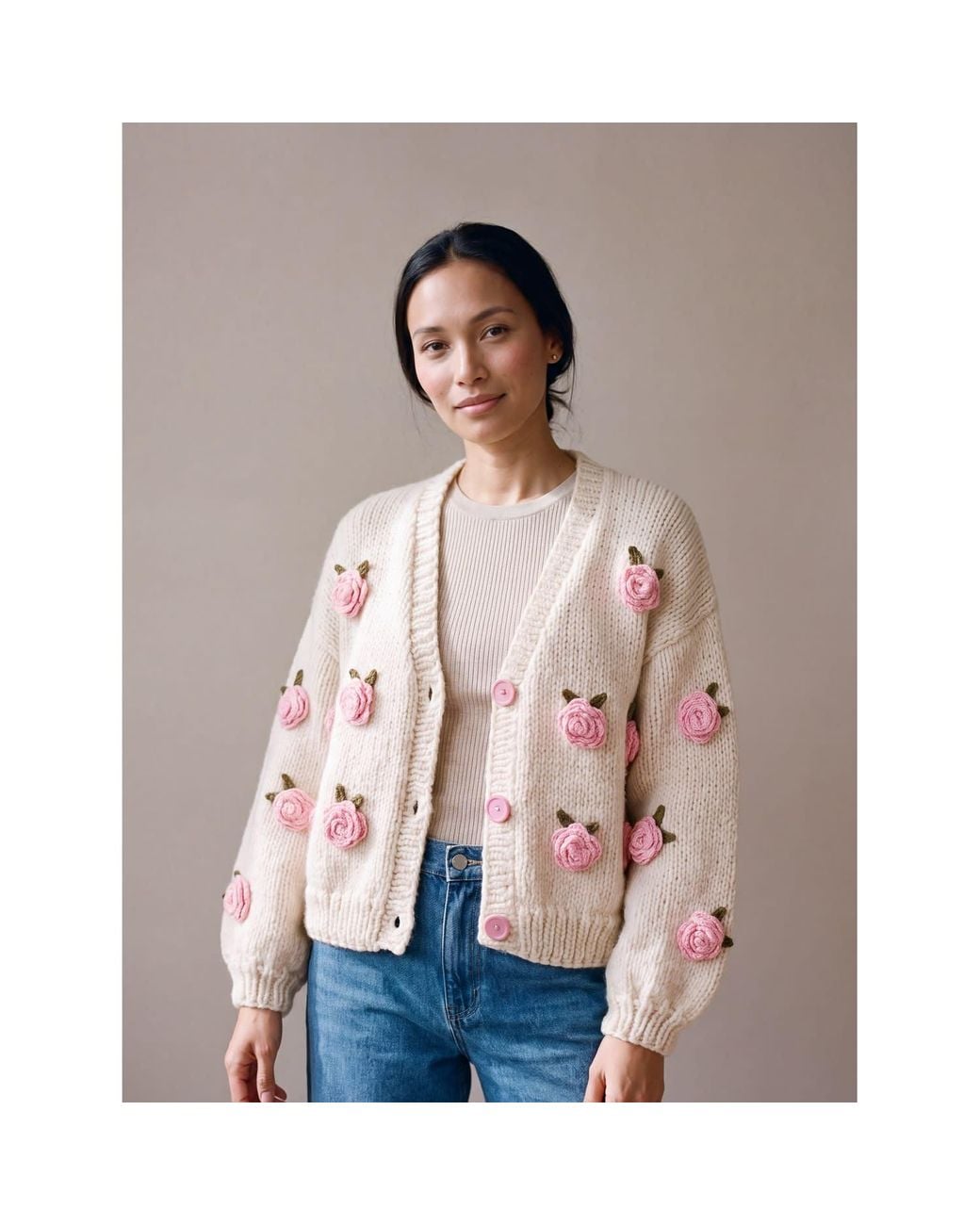 Ana Chic Pink Neutrals Rose Handmade Knitted Cardigan