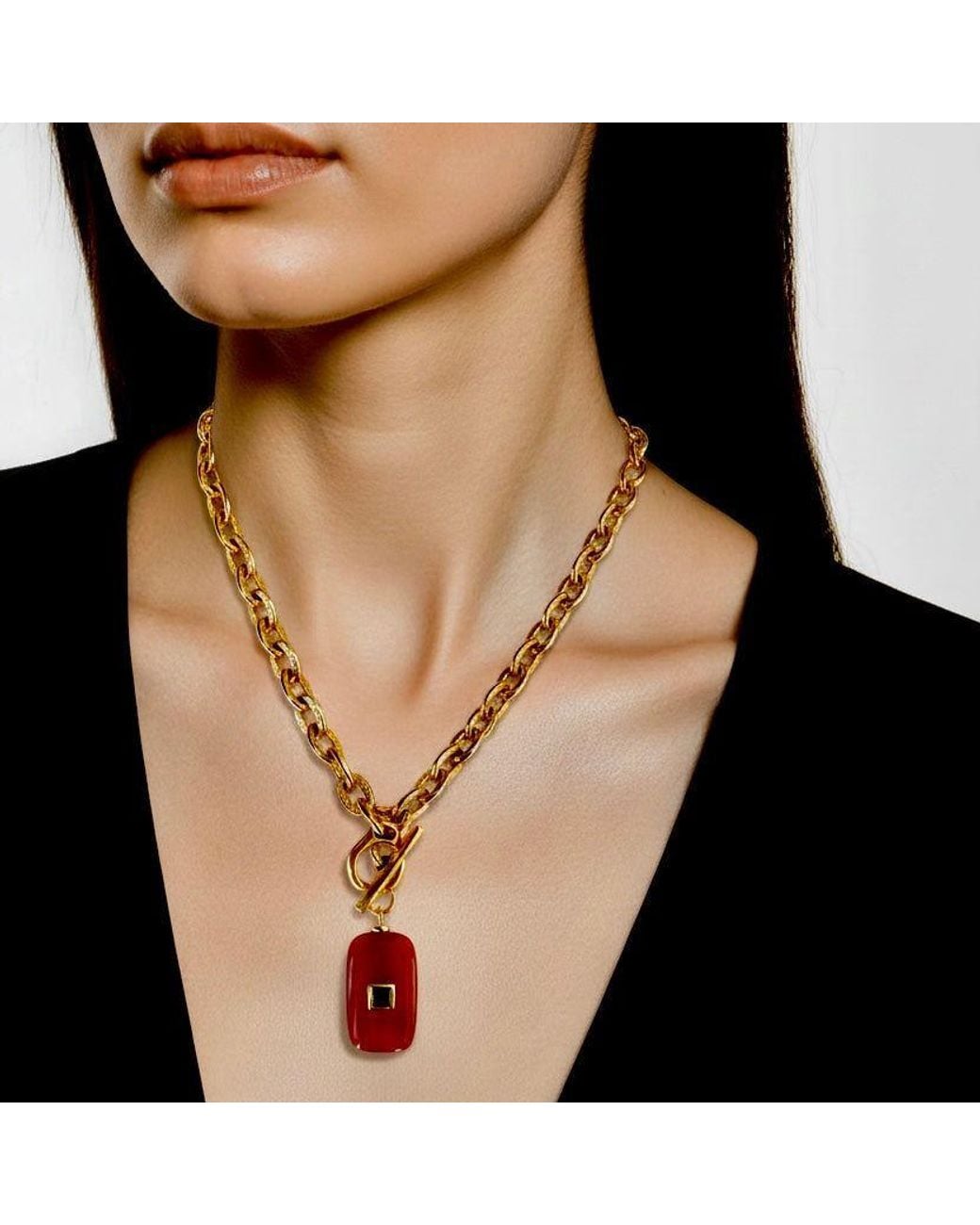 Persia Dona Jewelry White Oblong Carnelian & Vintage Chain Necklace