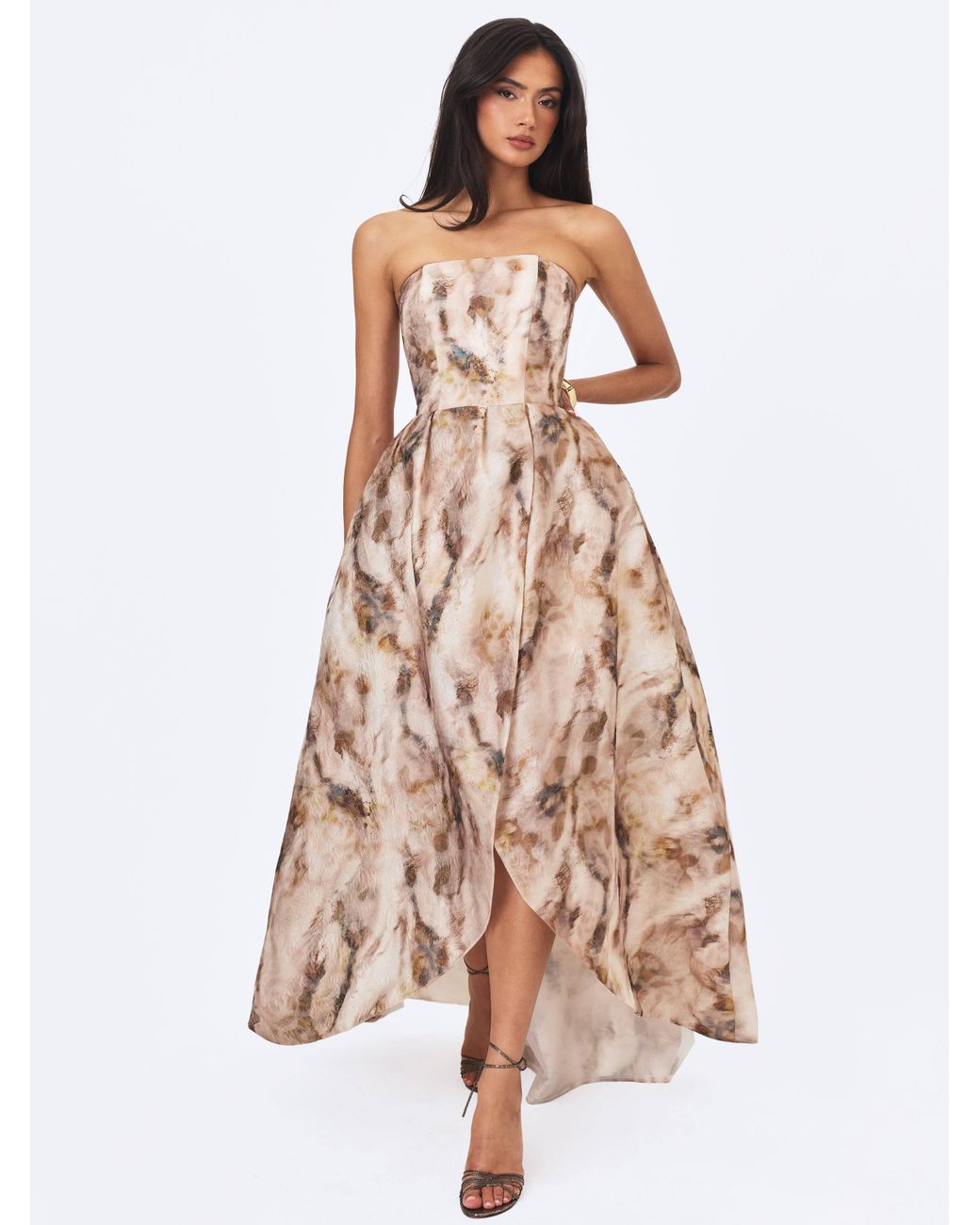 Miss Circle New York Natural Neutrals Micaela Camel Watercolor Jacquard Chiffon Dipped Hem Gown