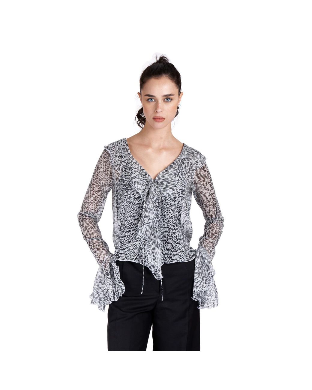 Sofia Tsereteli Gray Semi Transparent Silk Blouse With Print