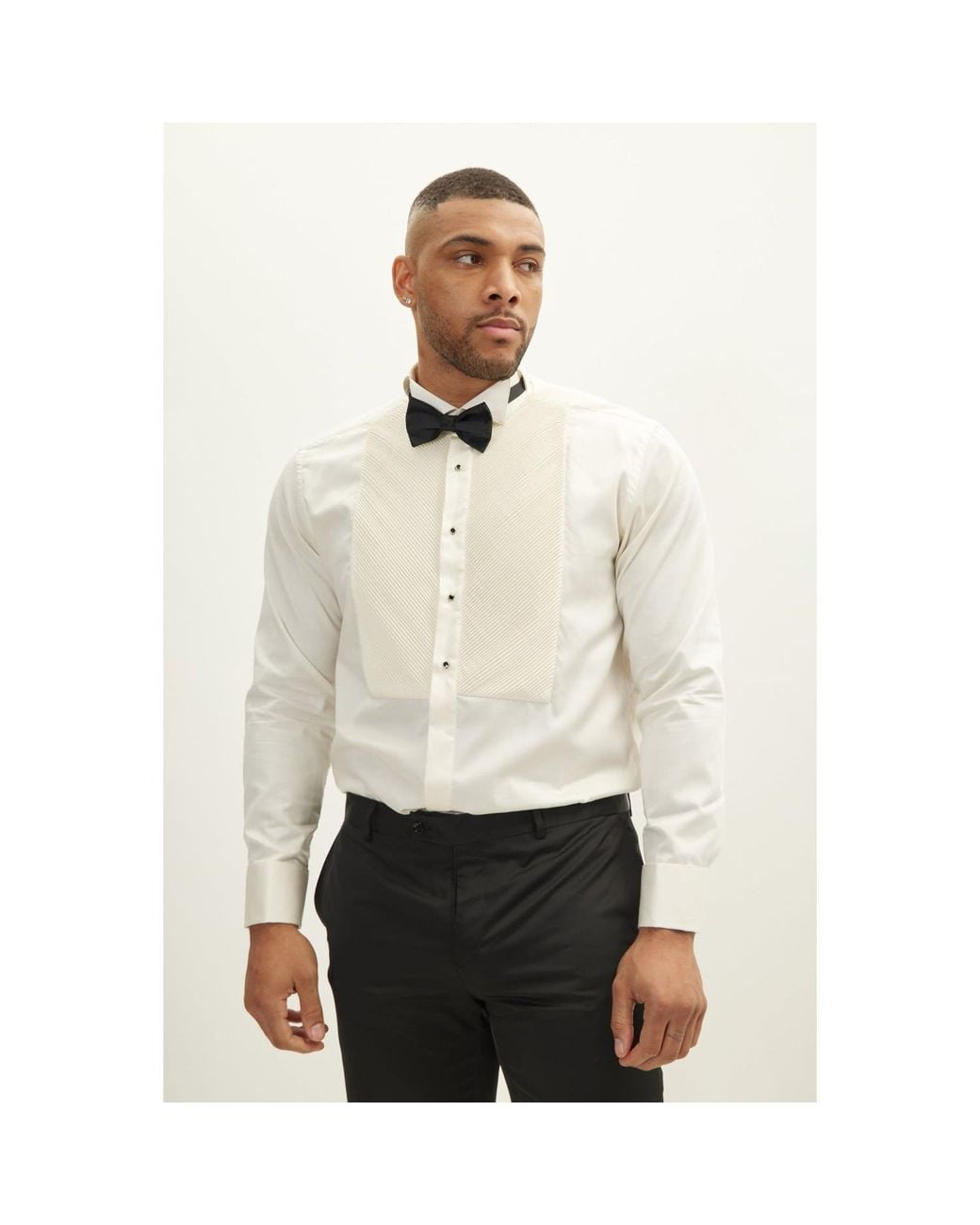Ron Tomson White Neutrals Diagonal Pleated Wing Tip Collar Shirt for men