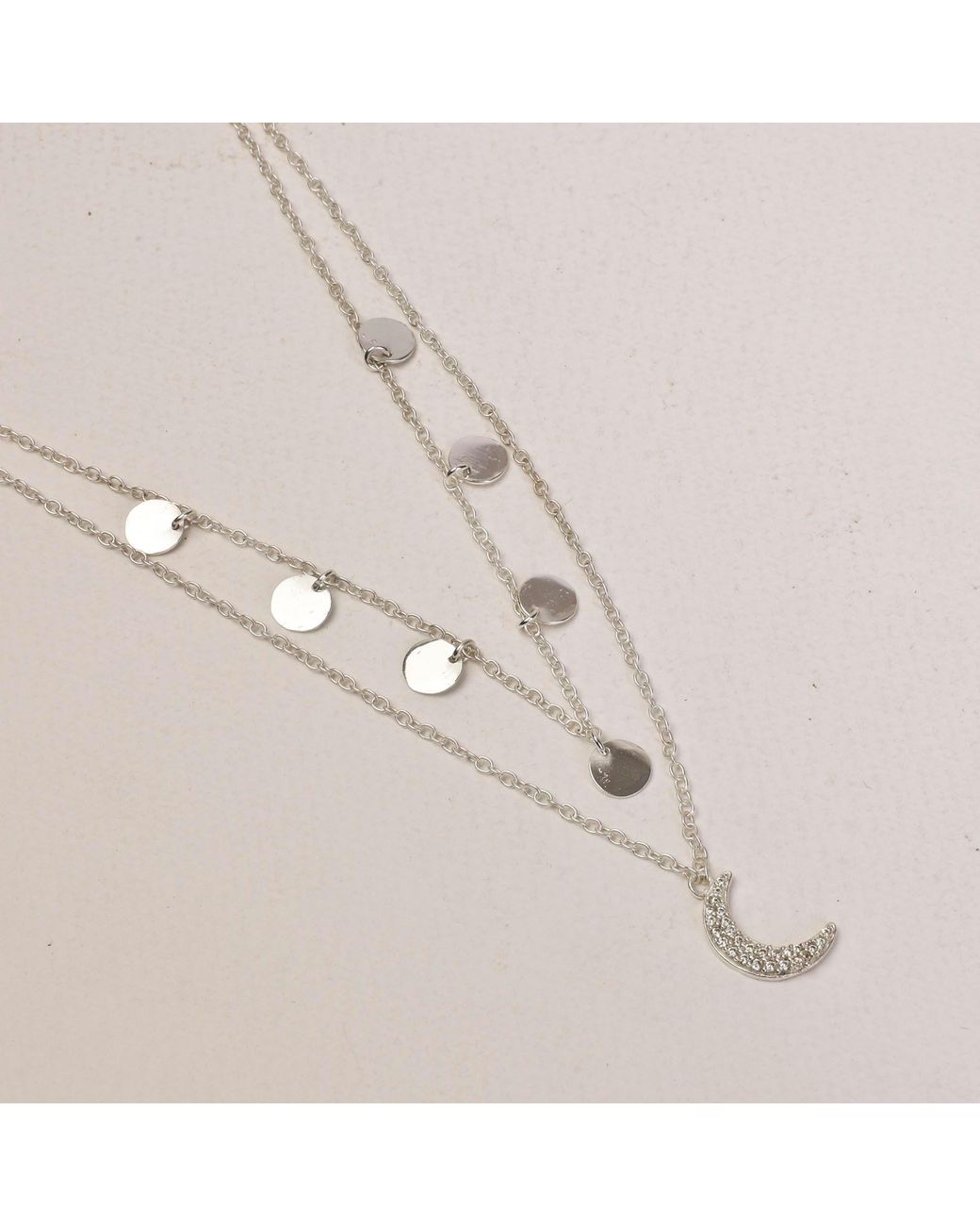 Lila Rasa Metallic Celestial Double Layer Necklace Crecent Cz Moon