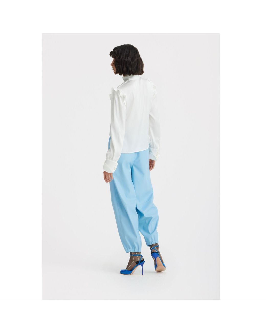 Julia Allert White Neutrals Designer Satin Blouse With Bishop Sleeves And Stand Collar –