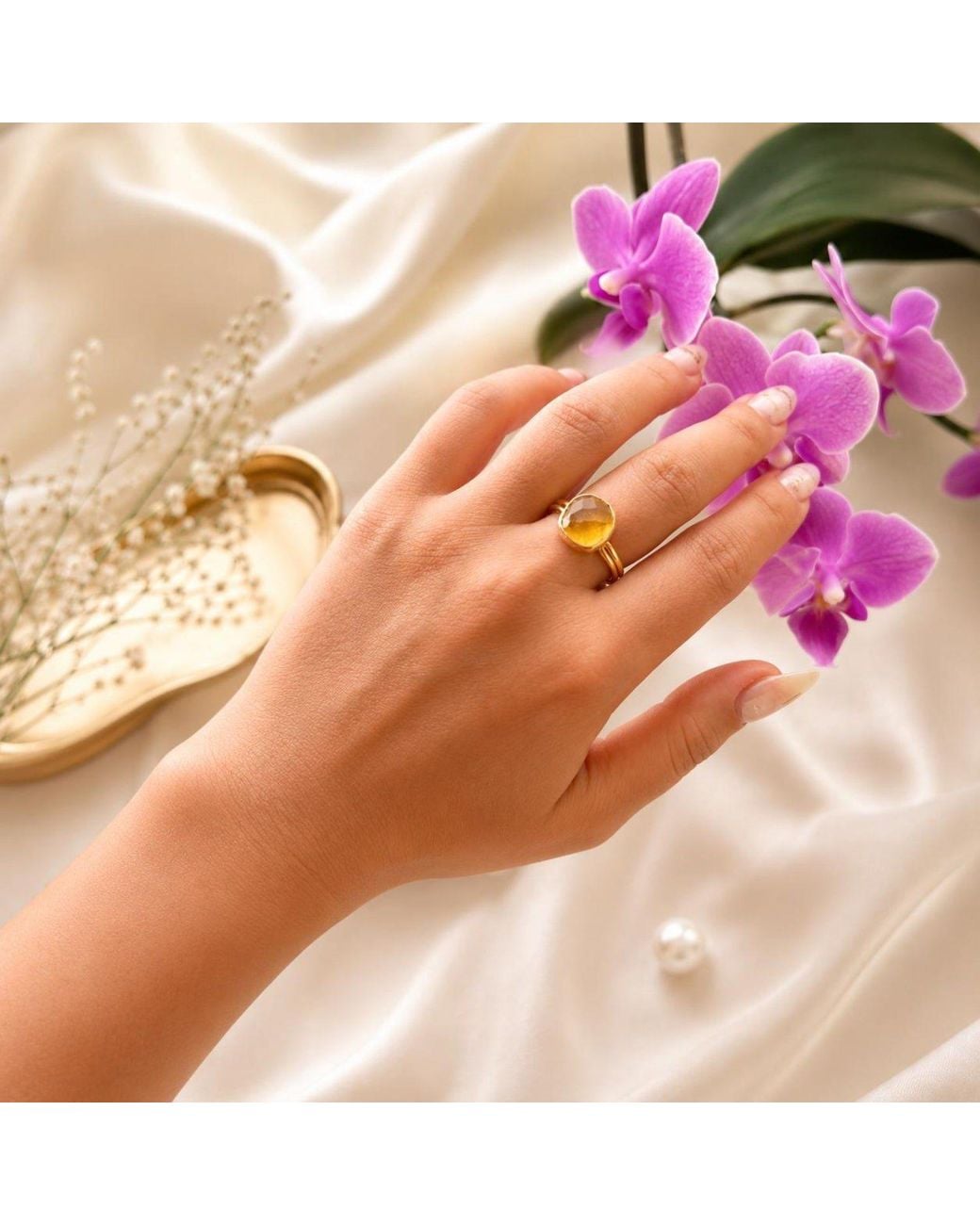 By Ozge Metallic Natural Golden Citrine Plated Adjustable Statement Ring