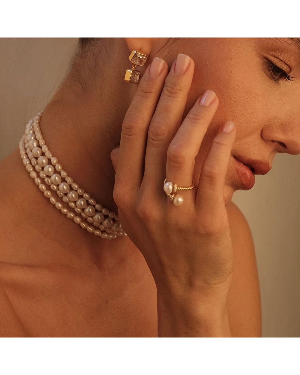 LINYA JEWELLERY Metallic Twisted Spiral Pearl Ring