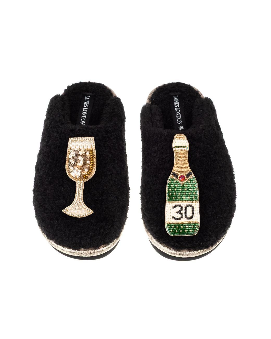 Laines London Black Teddy Closed Toe Slippers With 30Th Champers Bottle & Glass Brooches