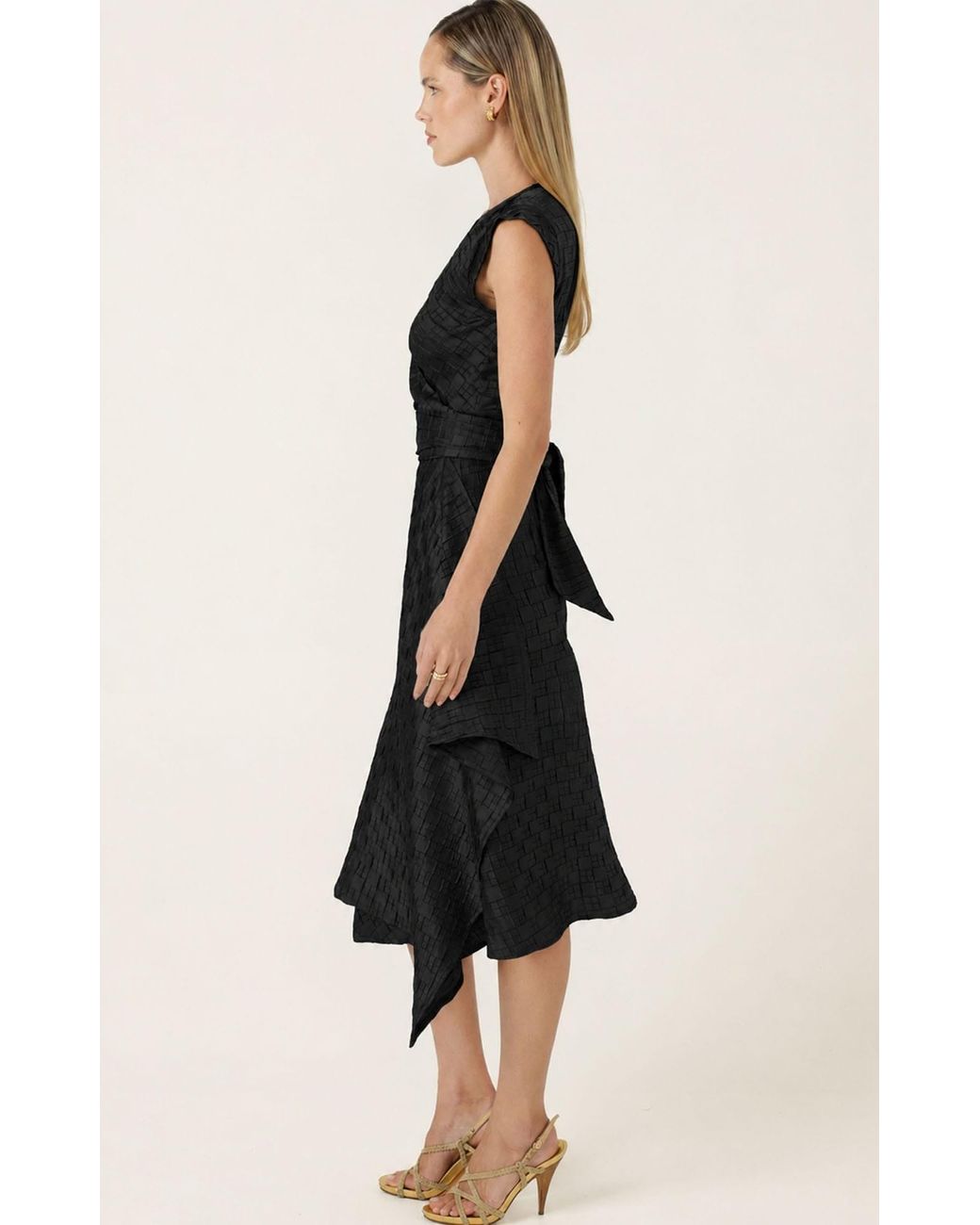 SACHA DRAKE Black Crown Textured Satin Midi Wrap Dress