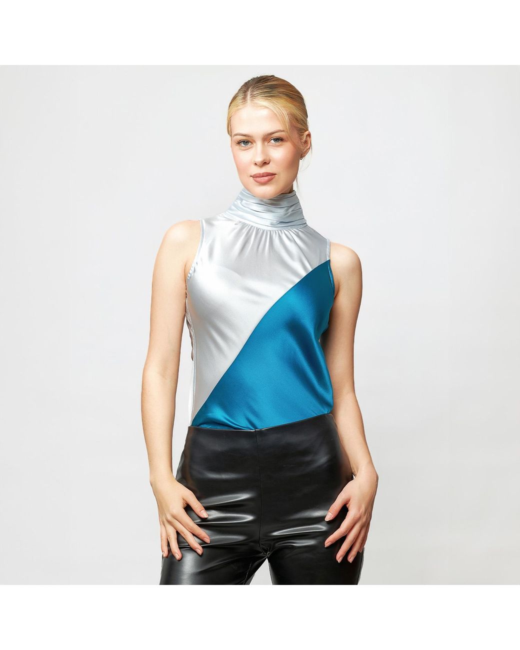 Solgo Atelier Blue Yera Sleeveless Color Block Silk Charmeuse Top