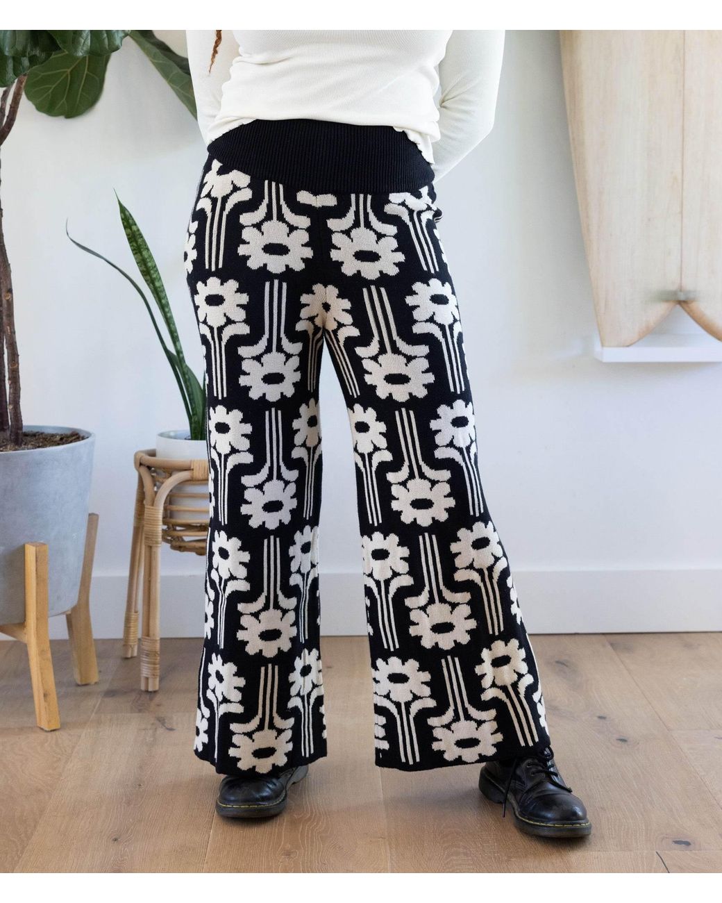 Known Supply Black High Waisted Floral Sweater Pants