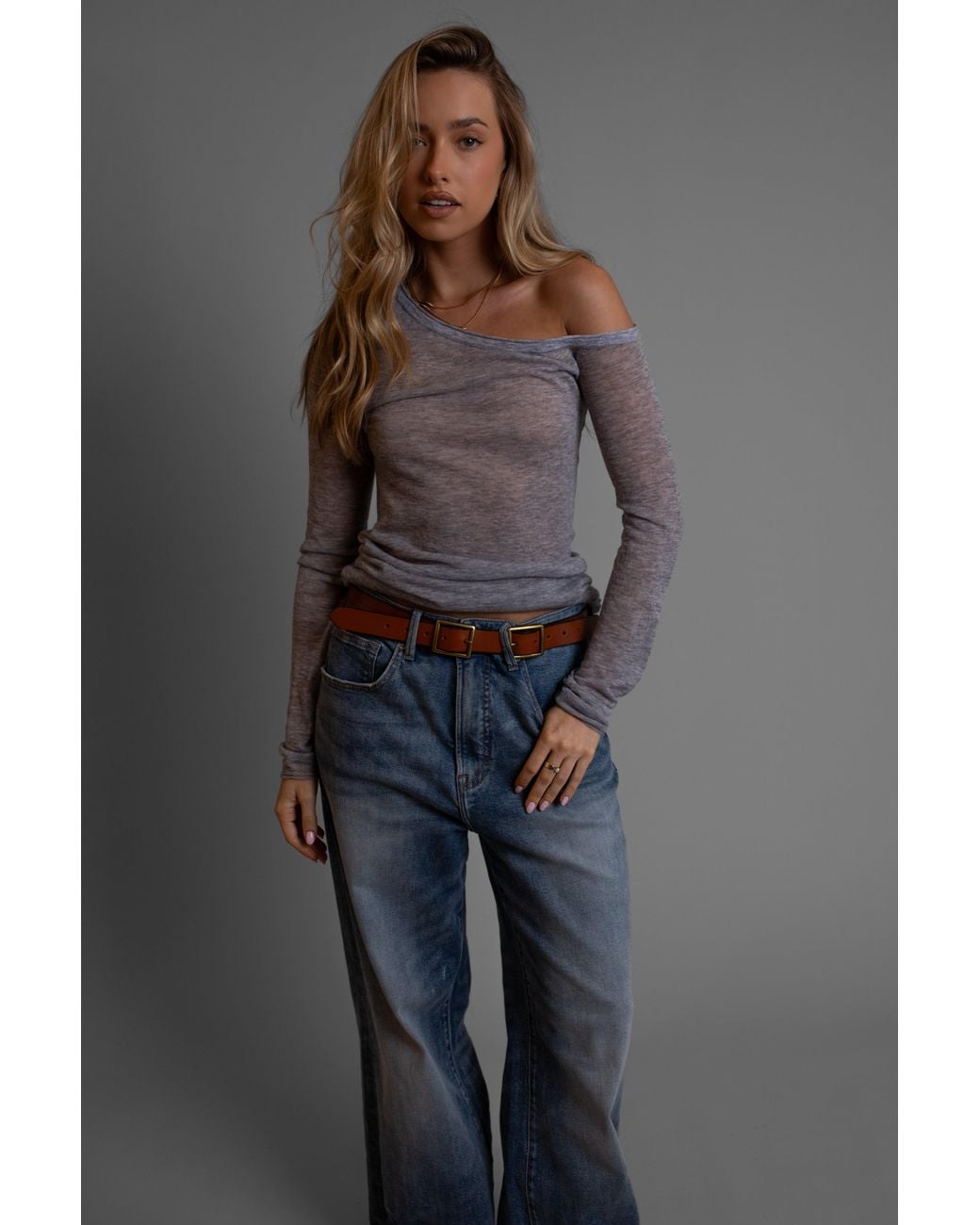 Vænn Gray Remsen One Shoulder Sheer Knit Cloud Melange