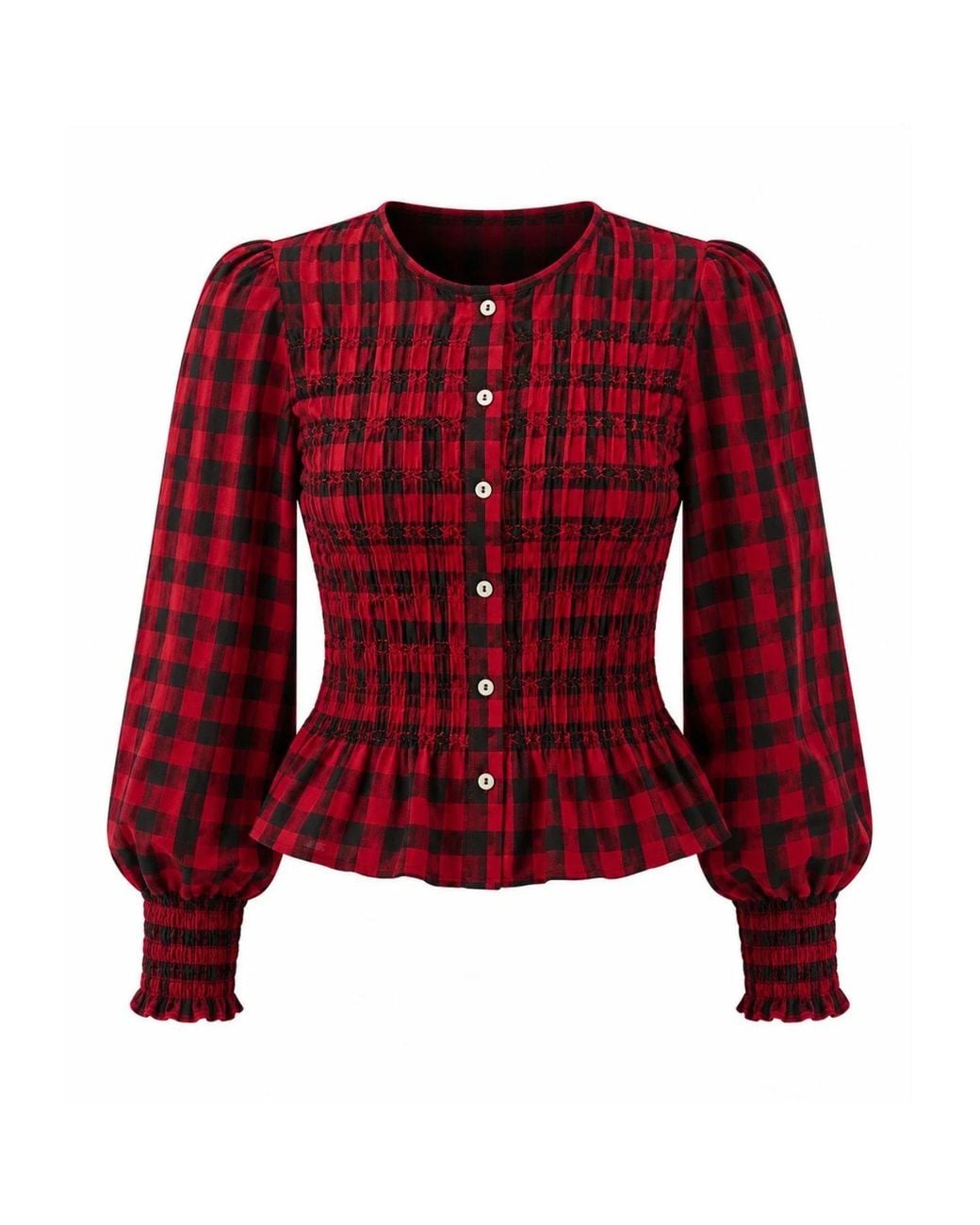Rose & Nancy Red Mary Cotton Check Smocked Shirt