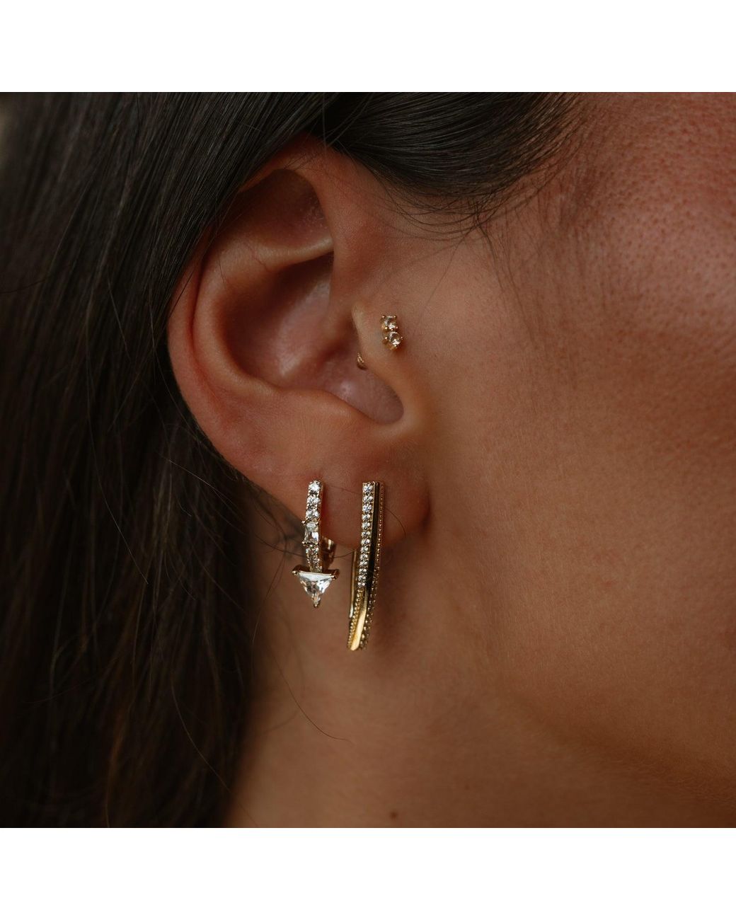 Ebru Jewelry White Twisted Double Row Zircon Hoop Earrings