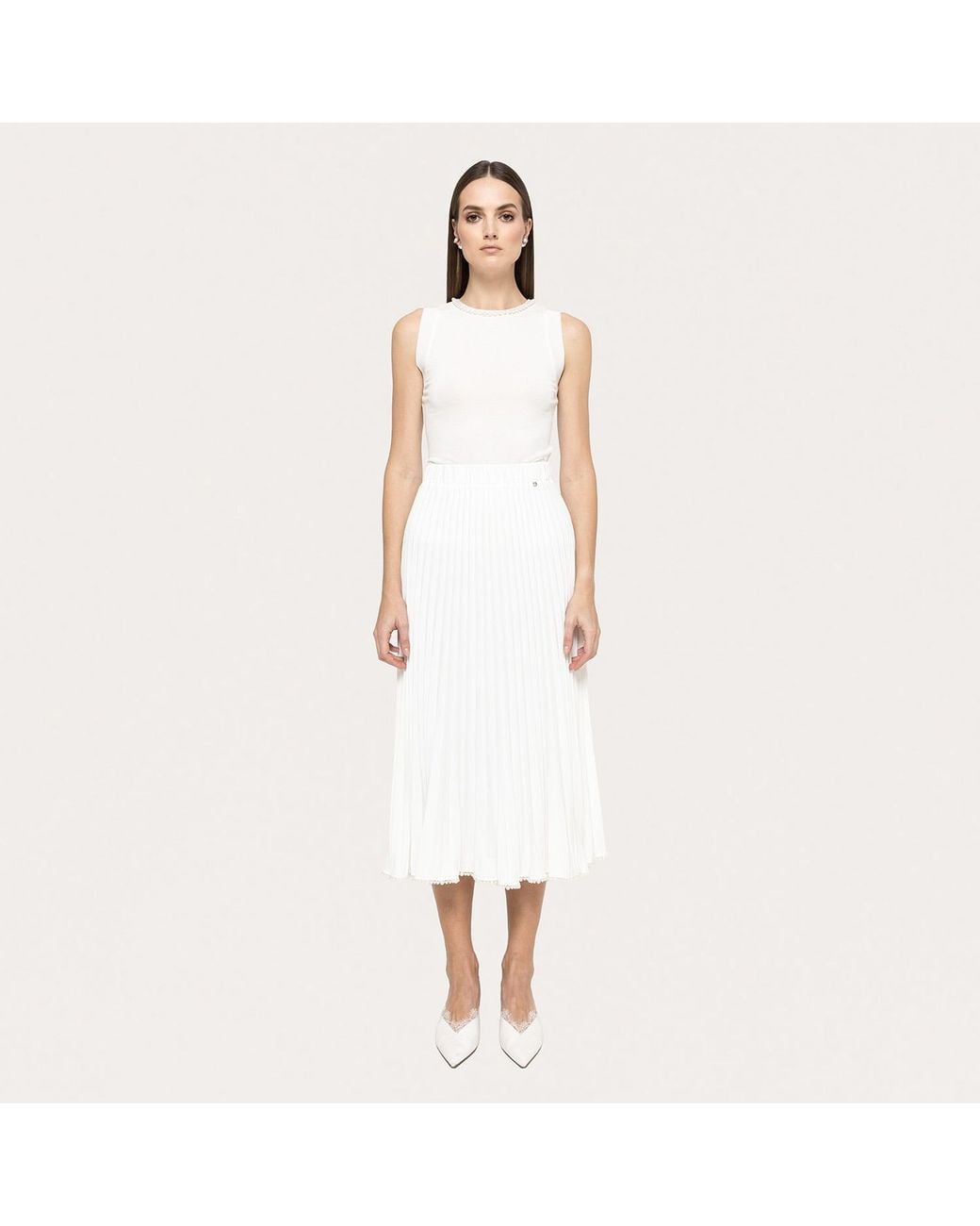 Nissa White Pearl-Trim Pleated Midi Skirt
