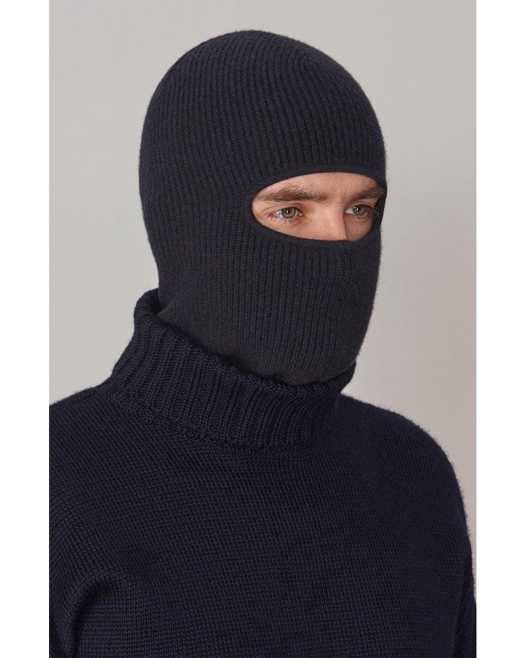 Paul James Knitwear Blue Merino Cashmere Aurelius Fisherman Rib Balaclava