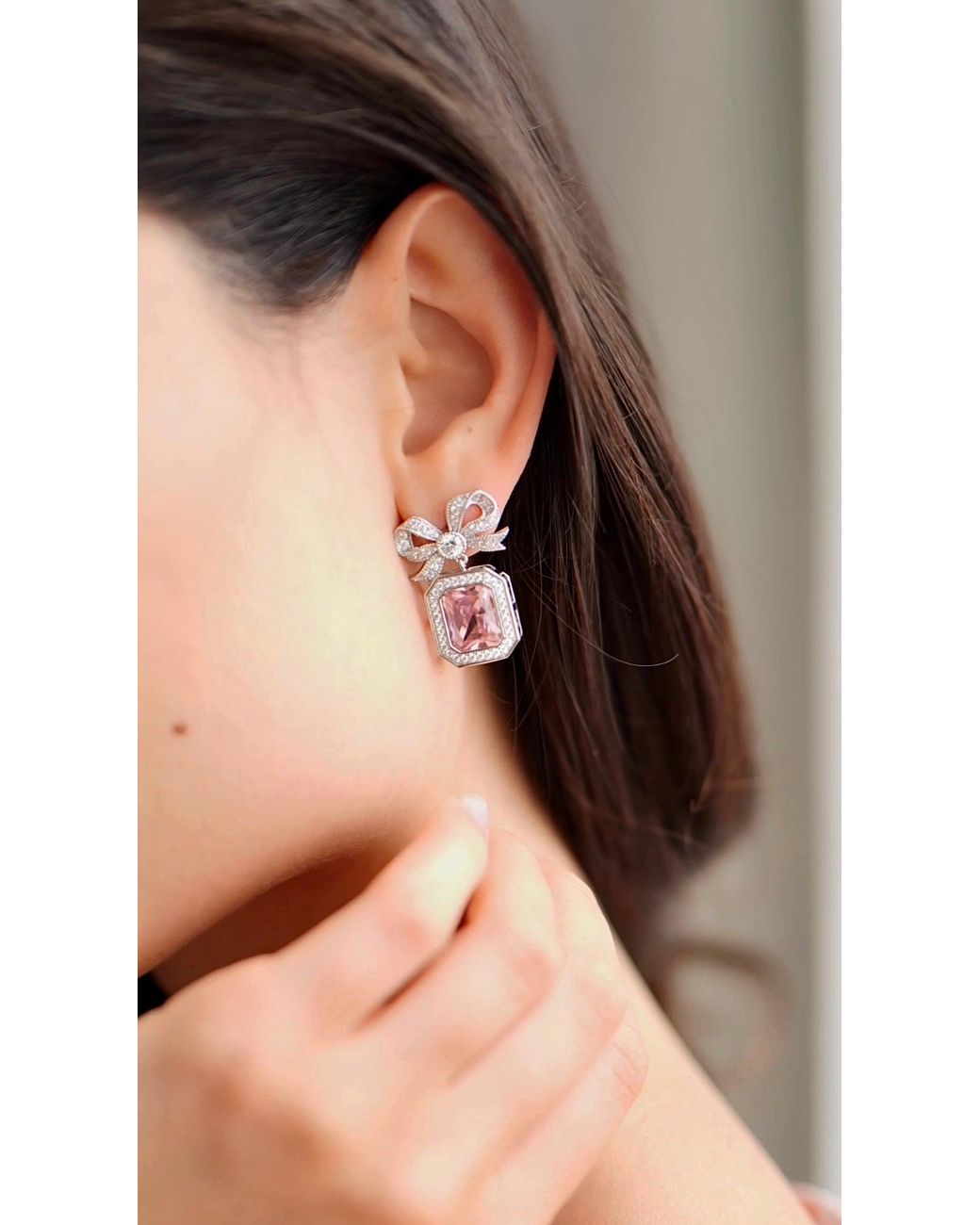 Santinni Pink Empress Bow & Radian Cut Crystal Earrings