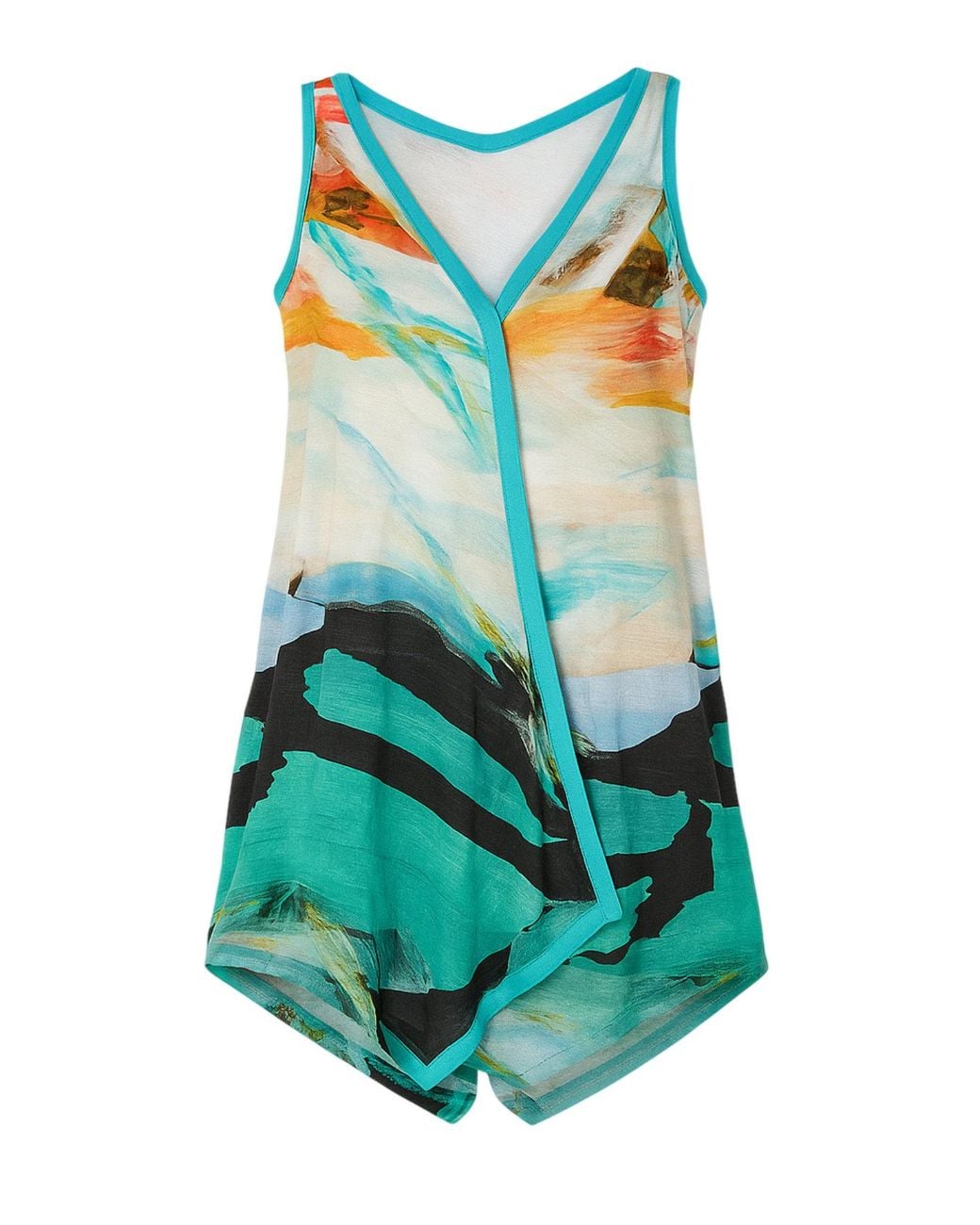 Conquista Blue Sleeveless Asymmetric Summer Dress With Abstract Print