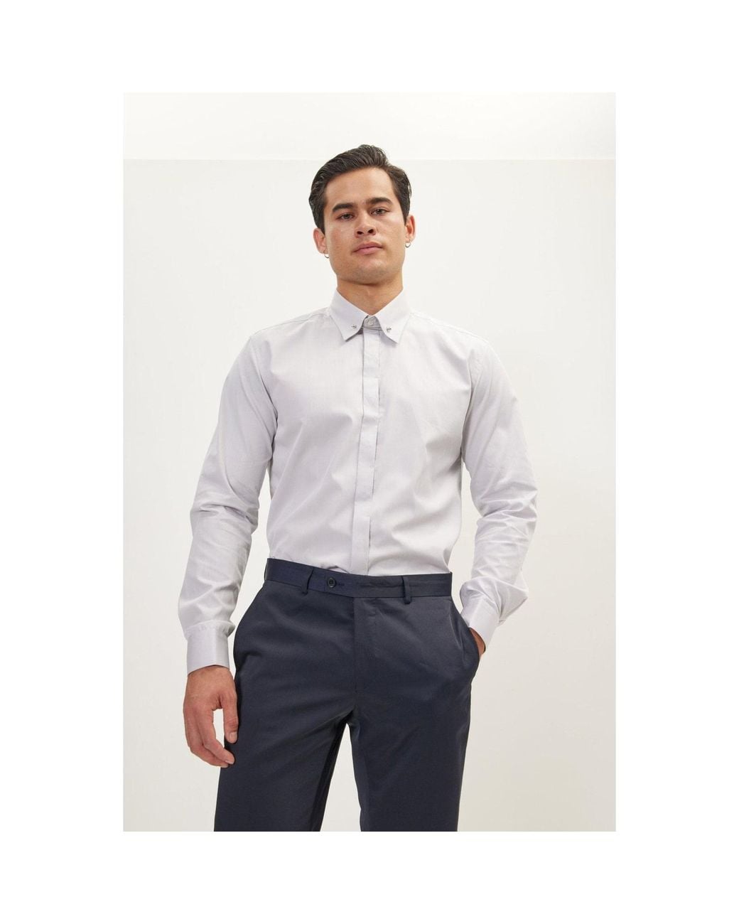 Ron Tomson Gray Collar Pin Hidden Placket Dress Shirt for men
