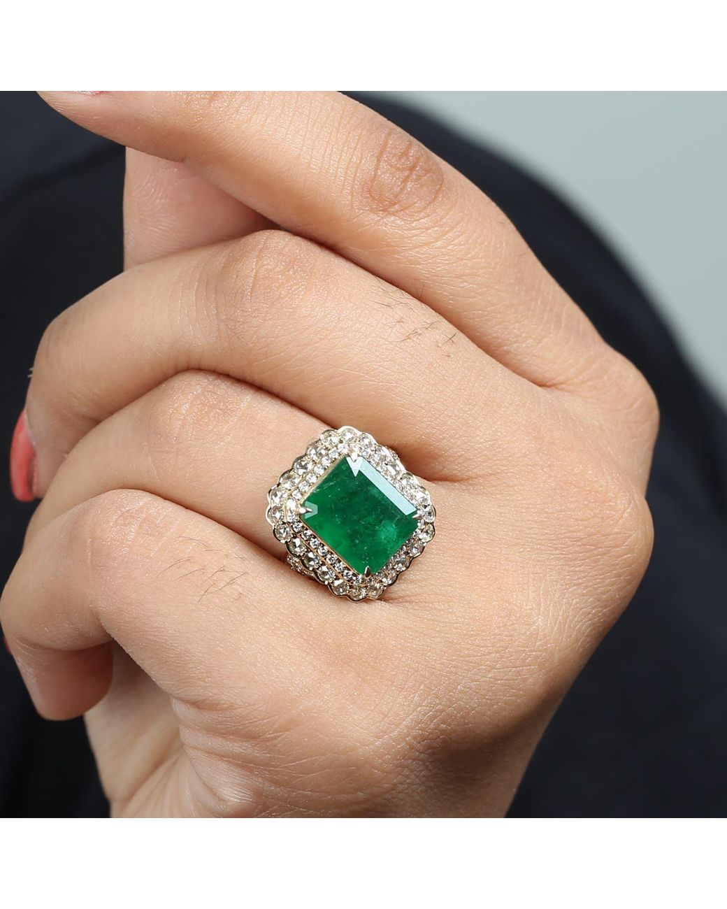 Artisan Green Emerald & Diamond Double Halo Cocktail Ring