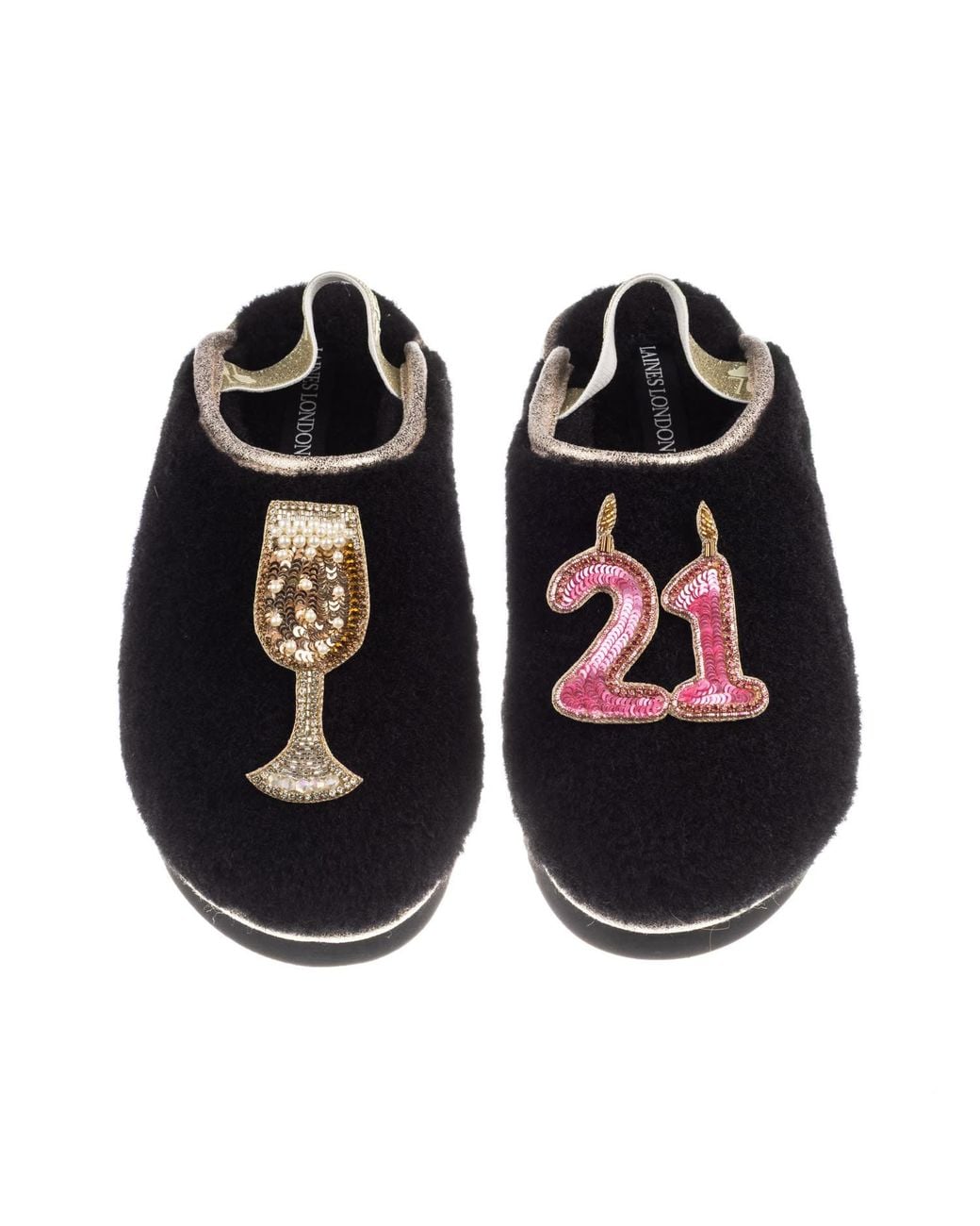 Laines London Black Flatform Cloud Closed Toe Slippers With 21St Birthday & Champagne Glass Brooches