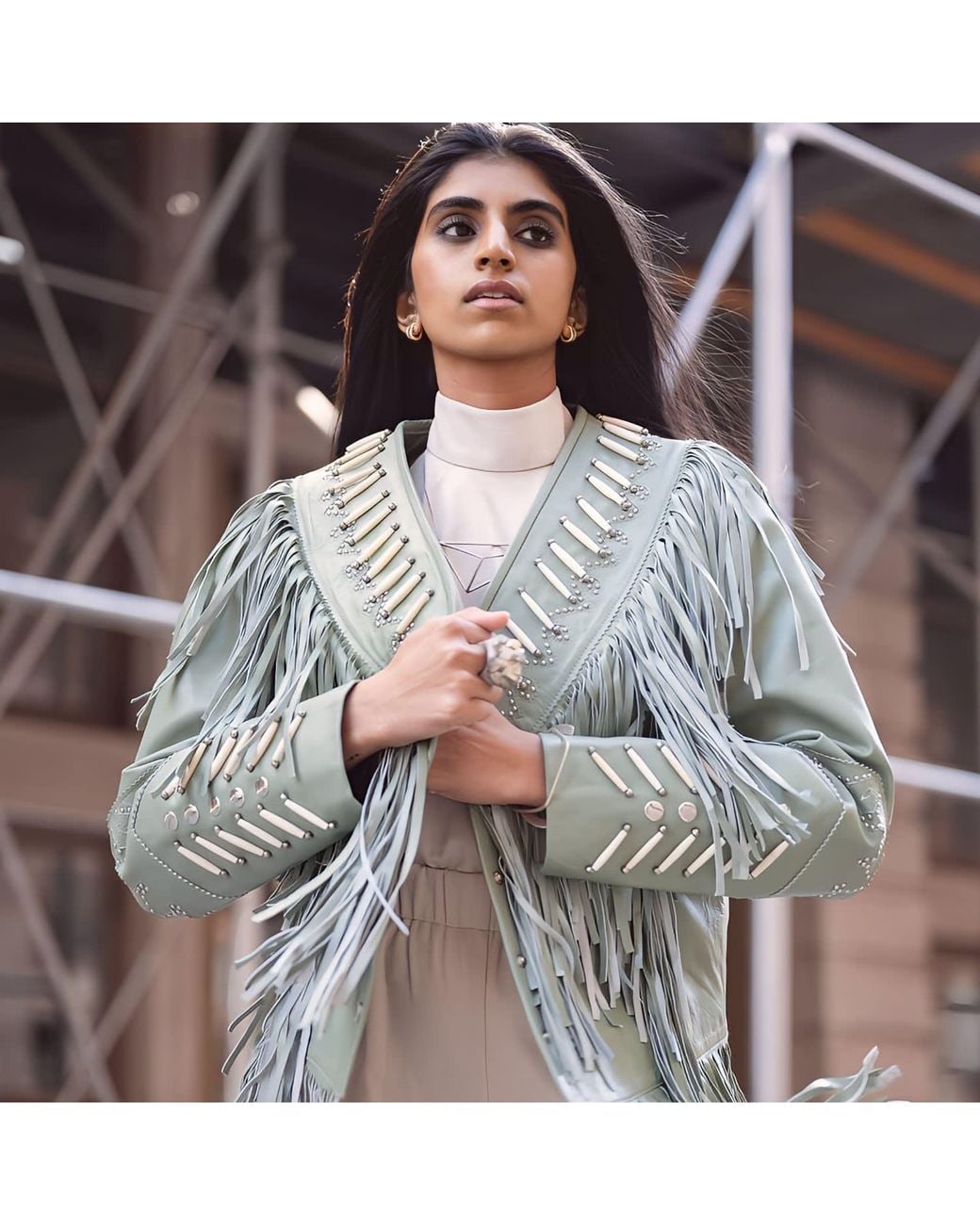 Zasta Studio Green The Leader- Beads & Fringes Leather Jacket