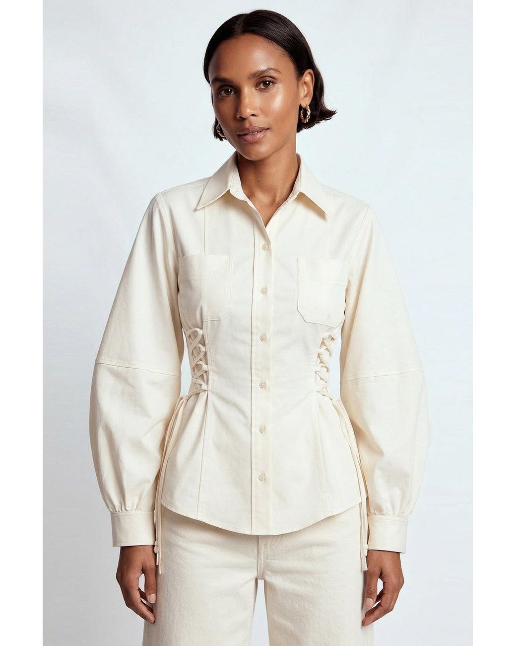 Exquise Natural Neutrals Arcene Fitted Waist Balloon Sleeve Shirt