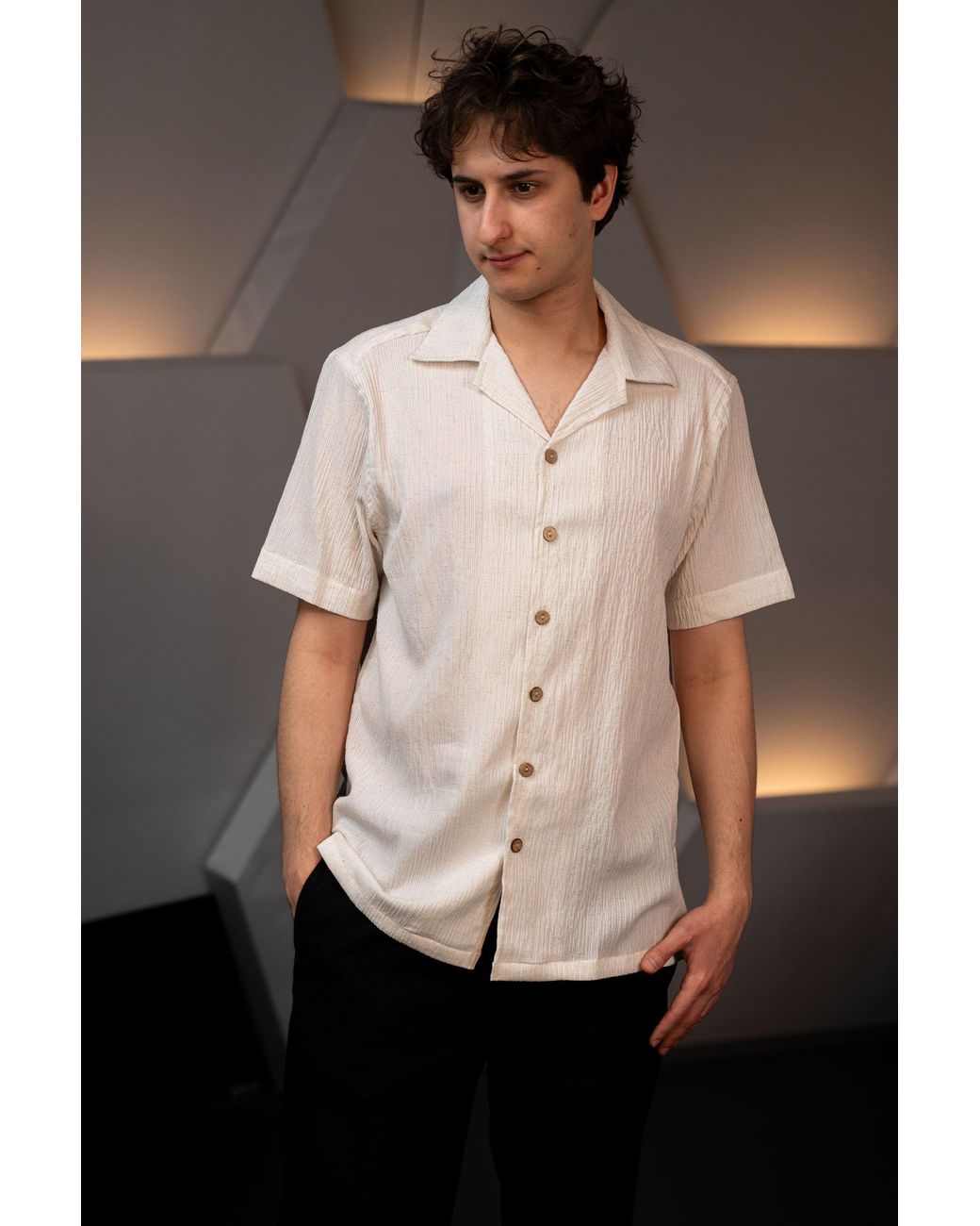 Stovaria Natural Camp Collar Half Sleeve Crushed Cotton Shirt With Coconut Shell Buttons for men