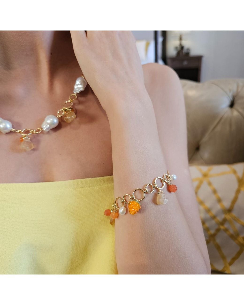 Farra Metallic Spring Garden Raspberry And Citrine Pearl Chain Bracelet