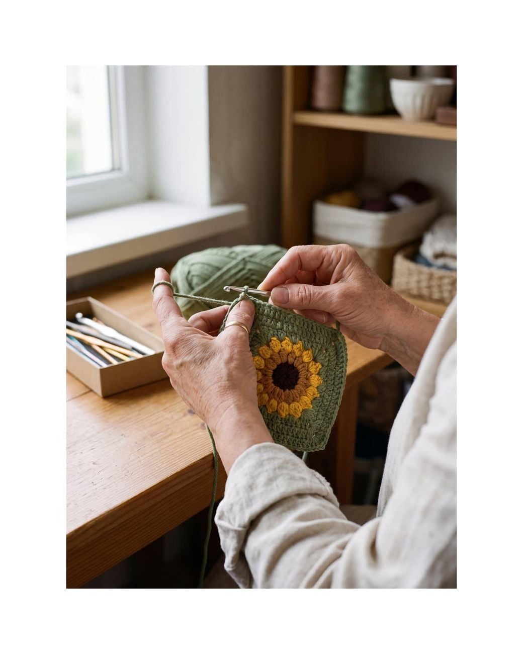 Ana Chic Yellow Sage Sunflower Granny Square Handmade Crochet Cardigan