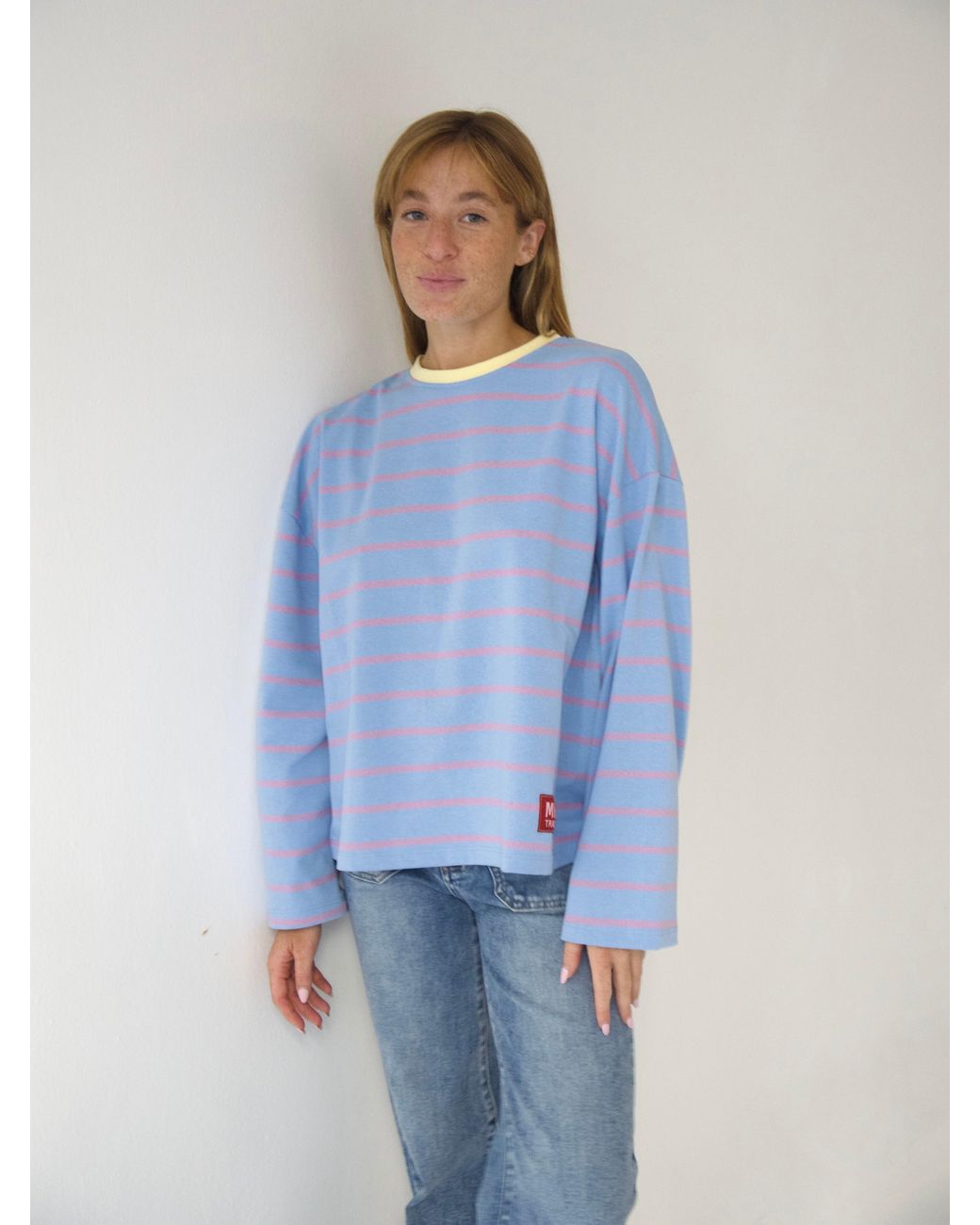 Mind Traveler Blue Light Striped Míriam Long Sleeve Top With Contrast Neck