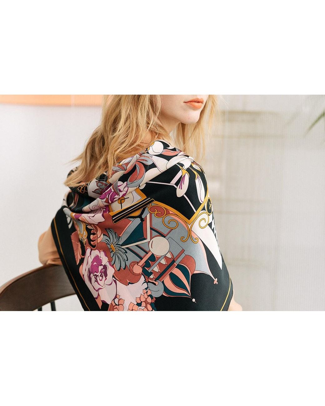 Lost Pattern Black Vintage Blooms Large Silk Square Scarf