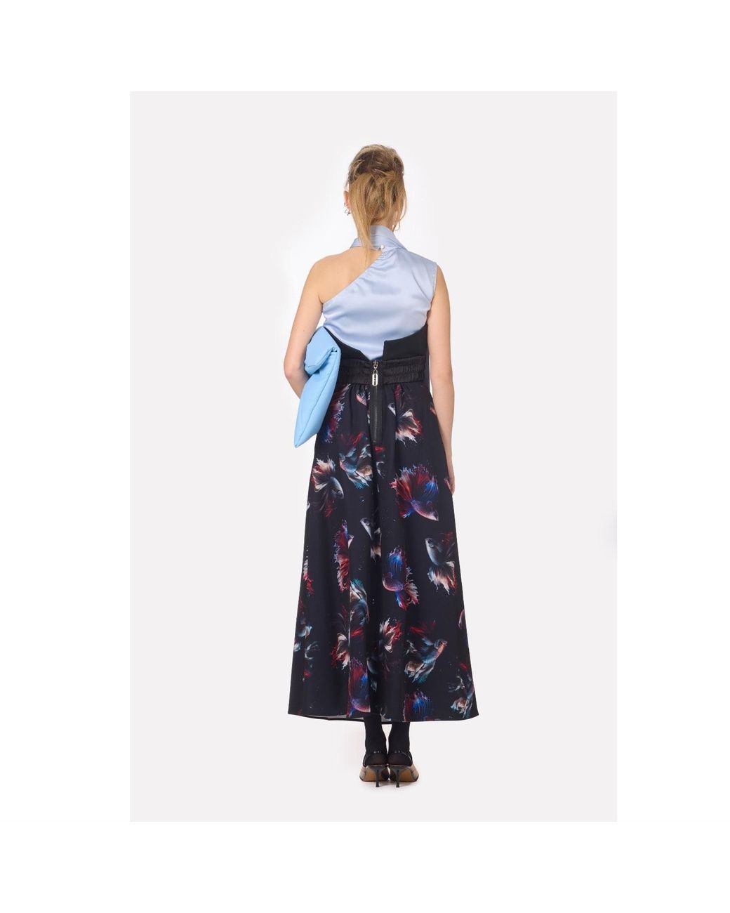 Julia Allert Blue Asymmetrical Satin Top With Choker Collar Light