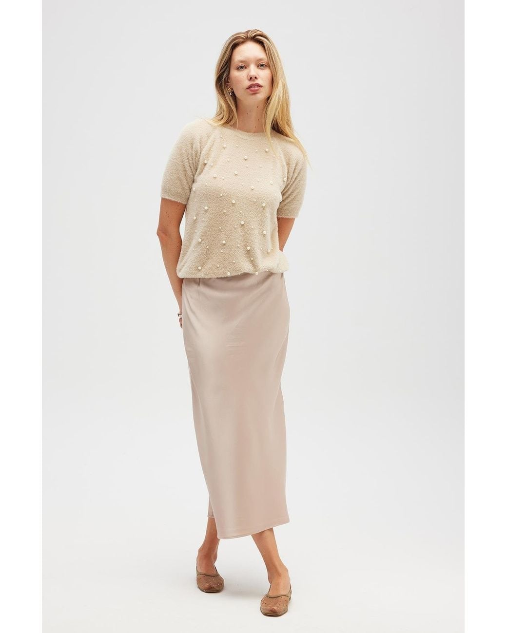 Peraluna Natural Neutrals Emilia Pearl Embroidered Knit Fluffy Blouse