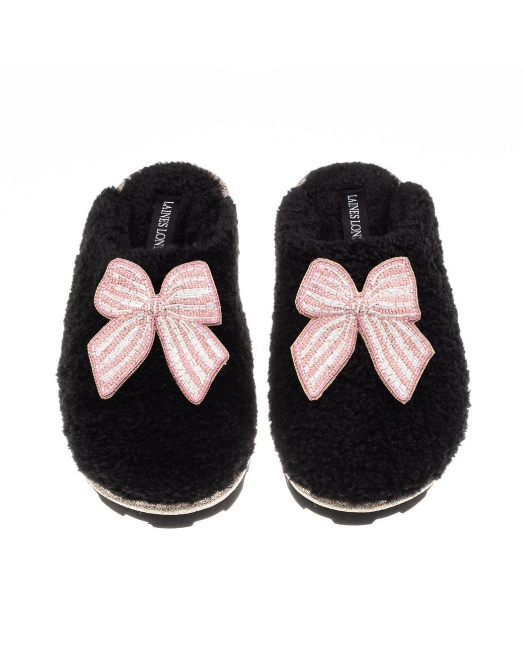 Laines London Black Teddy Closed Toe Slippers With Stripe Bow Brooches