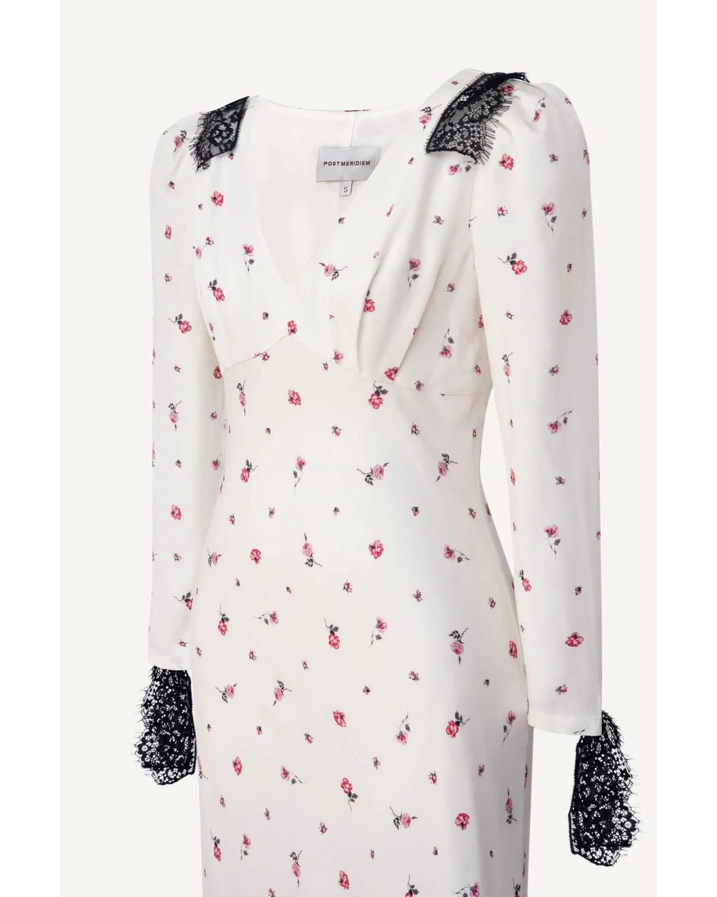 POST MERIDIEM White Floral Fitted Midi Dress With Lace
