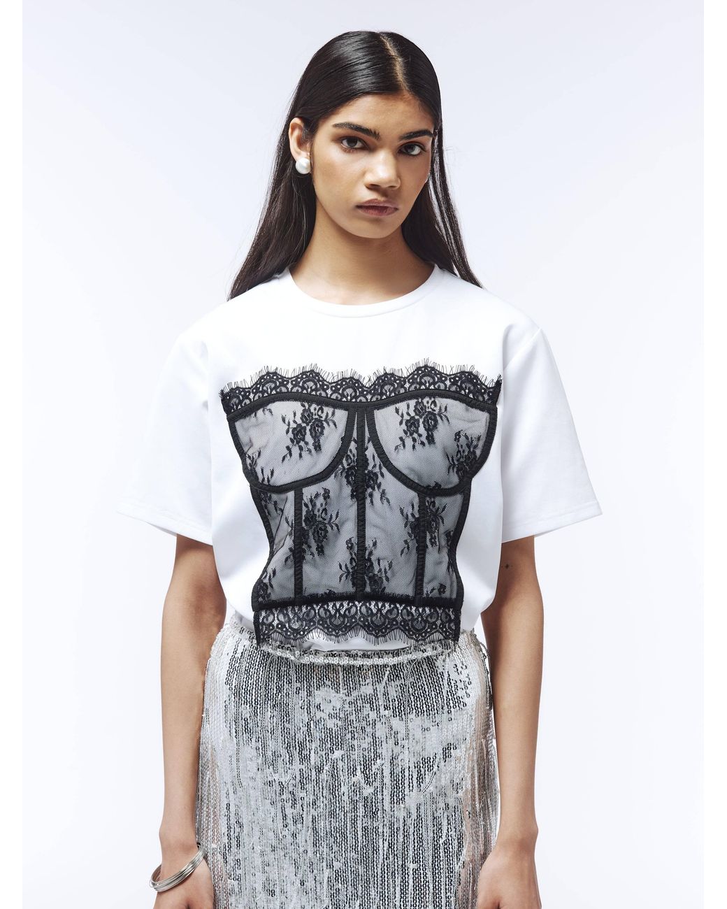Sour Figs Gray Lace Corset-Appliqué T-Shirt