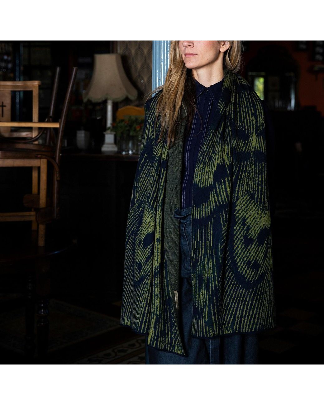 Essien & Emre Green Volucer Merino Wool Pattern Scarf Forest