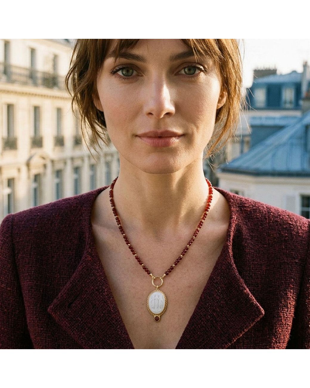 Vintouch Italy Metallic Le Grazie Cameo Necklace With Garnet