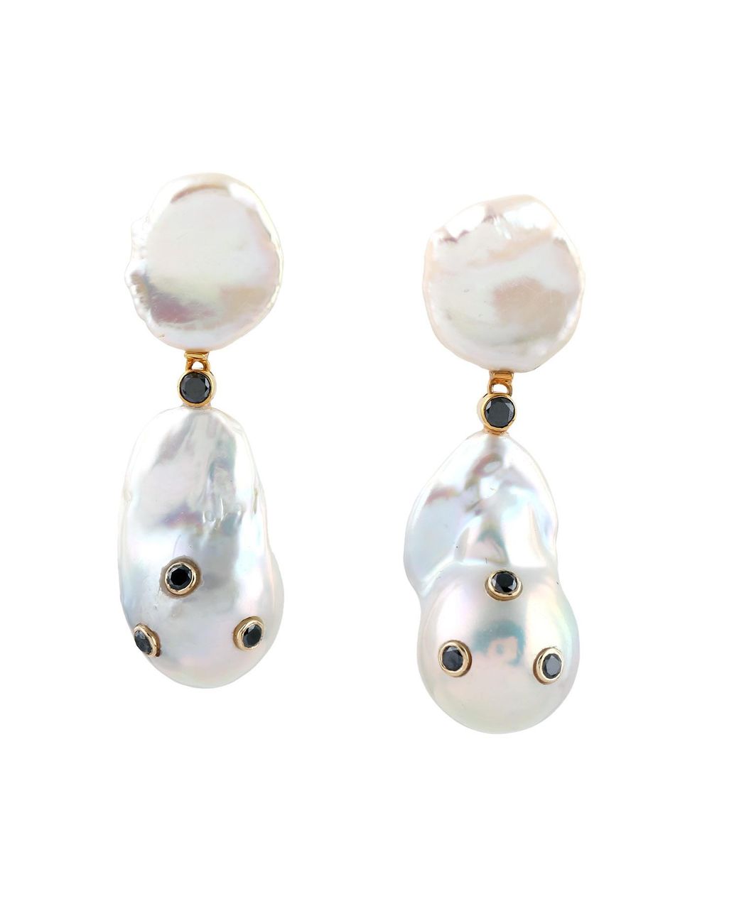 Artisan White 18k Yellow Gold Black Diamond Natural Pearl Chinese Dangle Earrings
